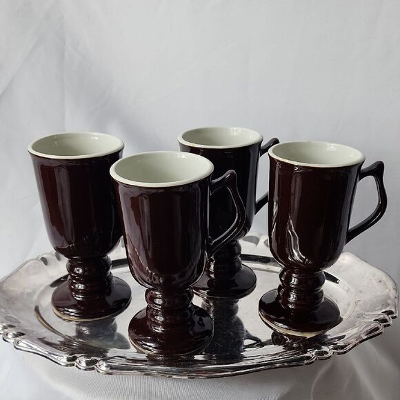 Vintage Chocolate Brown Hall Pottery Pedestal Mugs Set of 4 - Picture 2 of 14